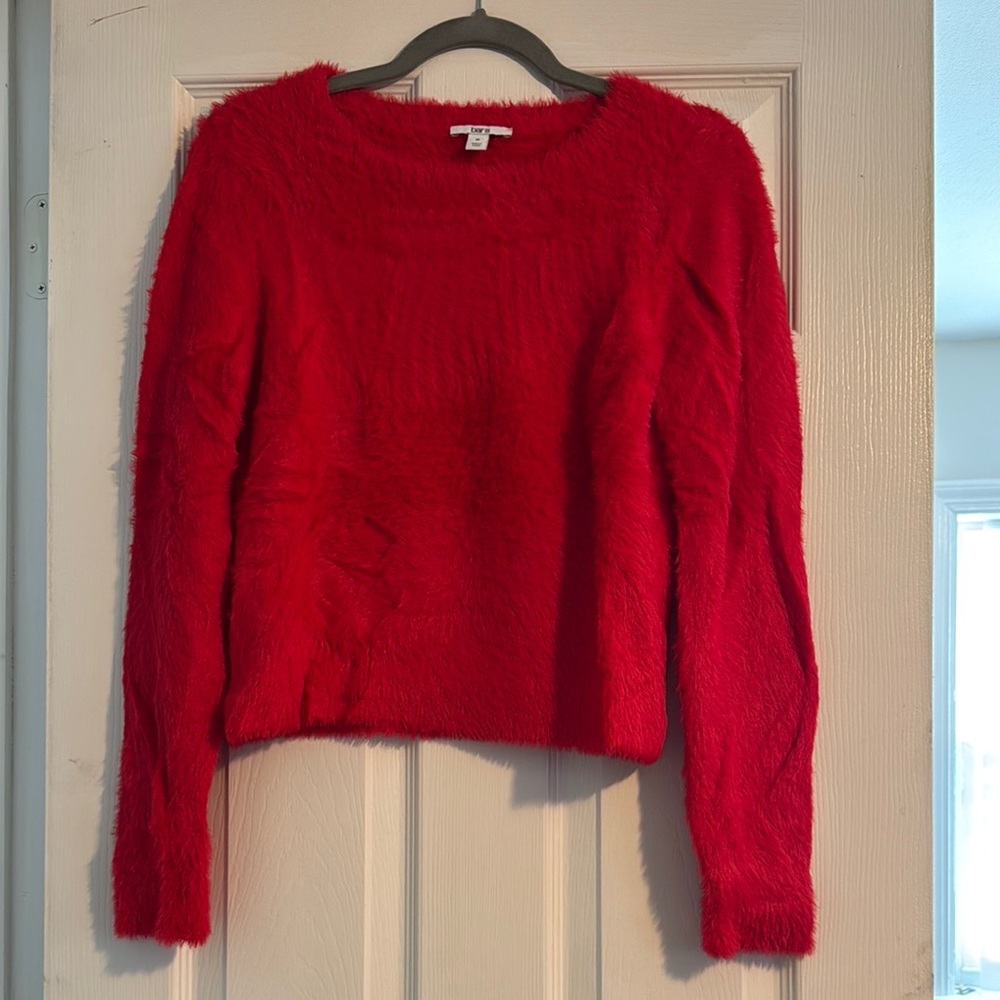 Vibrant Red Crew Neck Sweater with Fluffy Texture